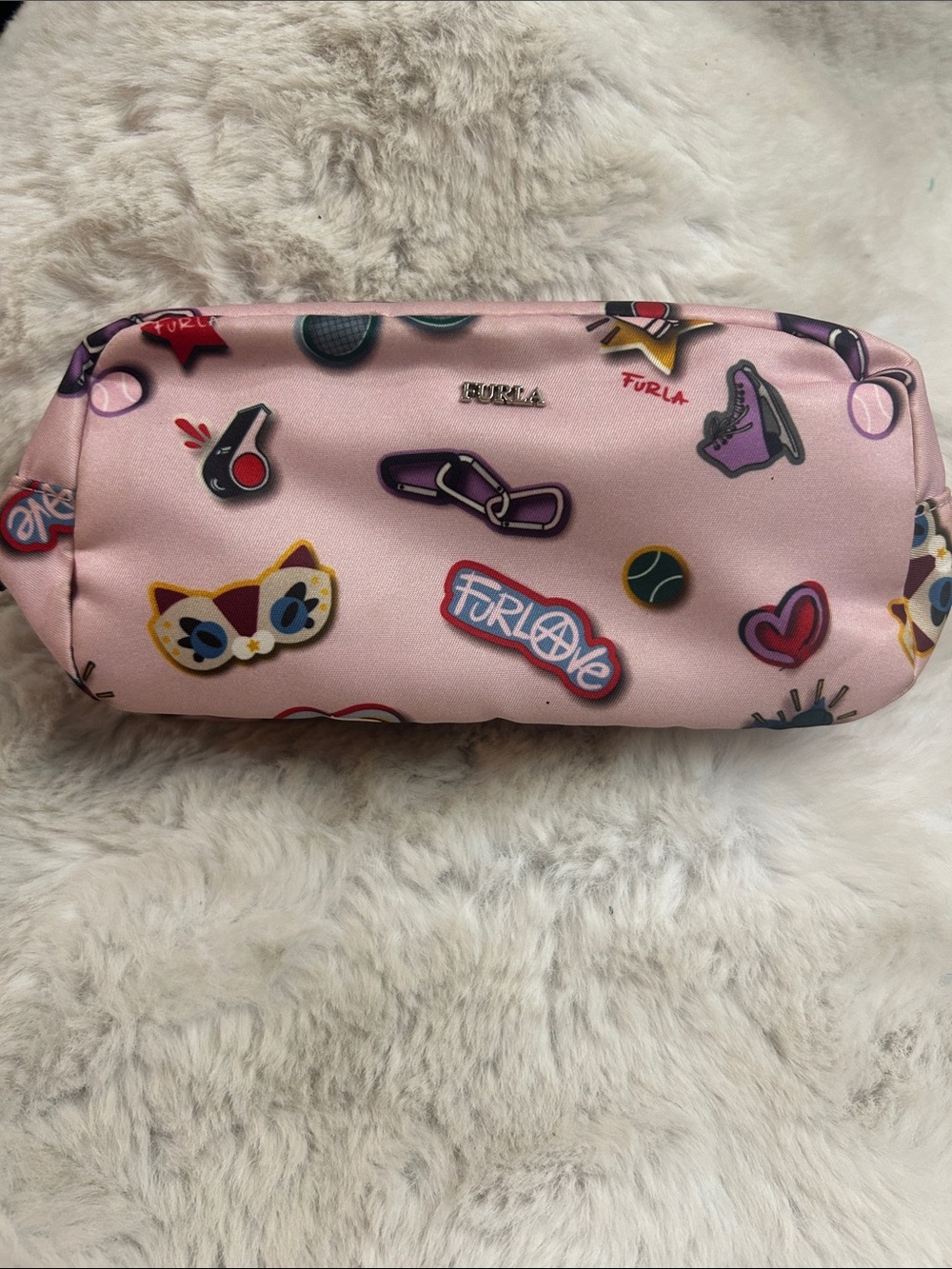 Furla Seasonal pink sticker print canvas clutch, cosmetic bag with mirror/strap
